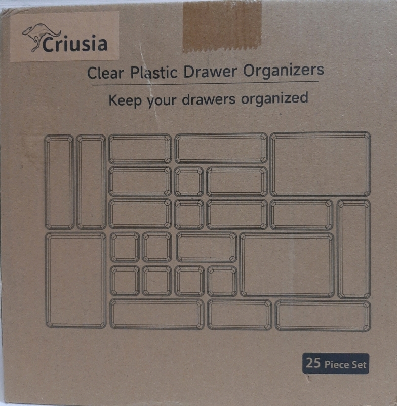 New in Open Box- Criusia Clear Plastic Drawer Organizers 25 Piece Set