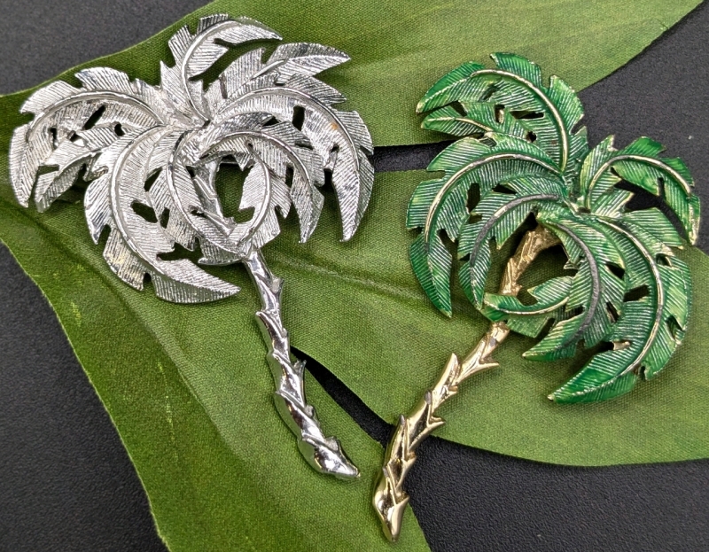 2 Vintage Palm Tree Brooches in Silver Tone & Gold Tone with Enamel | 2.5" Long