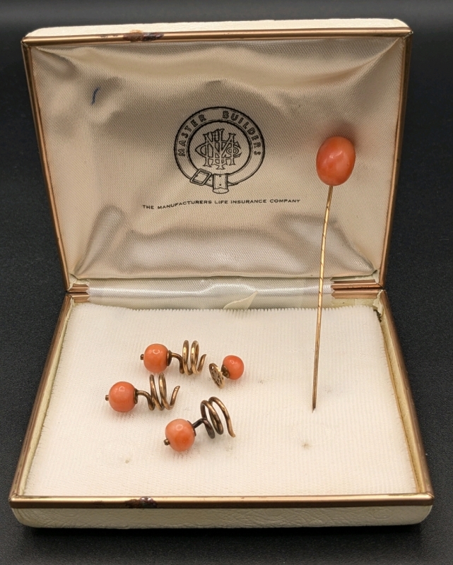 Vintage Unmarked 10K Shirt Studs with Coral & Matching 10k Stick Pin | Stick Pin is 3" Long