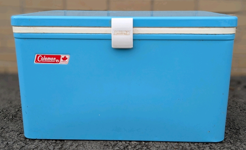 Vintage 1970s Coleman Blue Metal Ice Chest Cooler with Insert Tray | 22" x 13" x 13" Tall