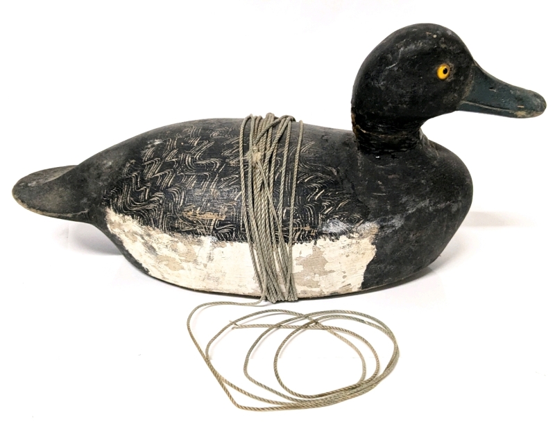 Vintage Handmade Wooden Duck Decoy with Glass Eyes and Line | 12" x 5" x 5.75" Tall