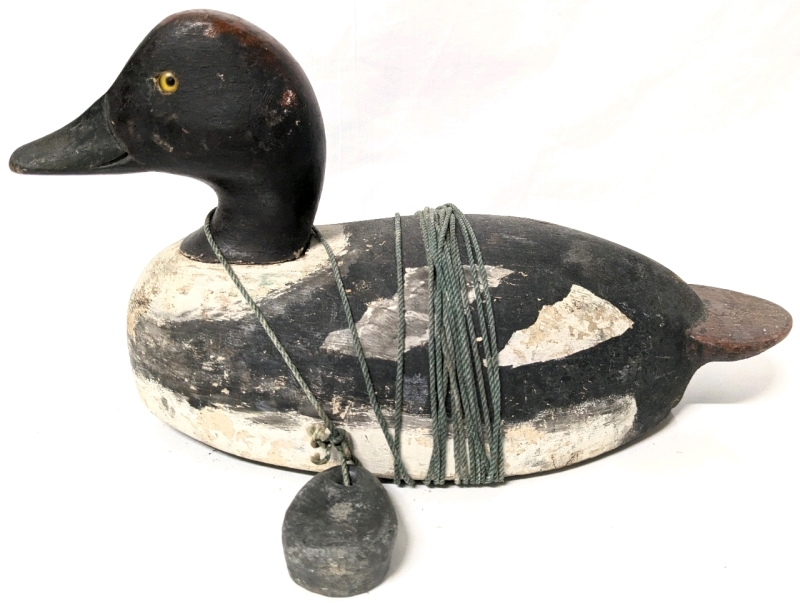 Vintage Handmade Wooden Duck Decoy with Glass Eyes and Line & Anchor Weight | 12" x 5.25" x 6.5" Tall