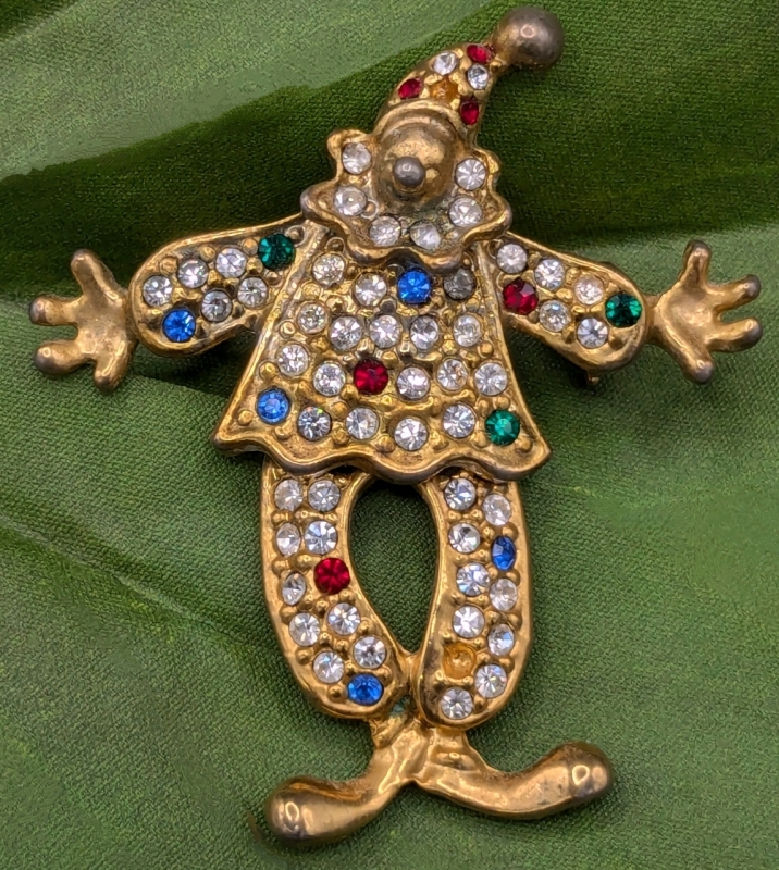 Cute Vintage Gold-Tone Articulated Clown / Pierrot Brooch with Clear and Colored Rhinestones | 1.9" Long x 1.75" Wide