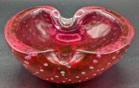 Vintage MCM Murano-Style Cranberry Glass Ashtray with Controlled Bubbles | 4.75" x 4.14" x 2" Tall