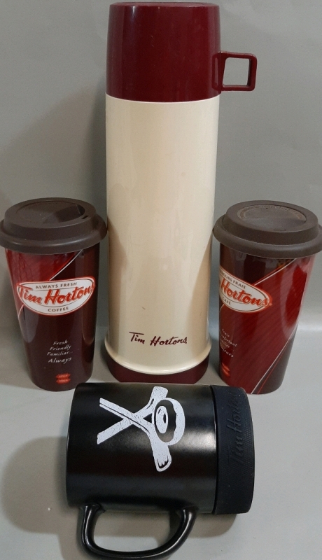 Vintage 13.5" Tim Hortons Glass Thermos 2 7" China Coffee Cups Silicon Lid Black 5" Stick & Donut Cup Hockey Puck Base