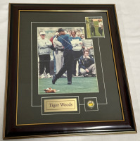 Framed Tiger Woods Photo With Name Plate 2001 Upper Deck Tiger Tales Rookie Insert & a Augusta National Golf Club Masters Ball Marker Masters Collection Approximately 19” x 16”