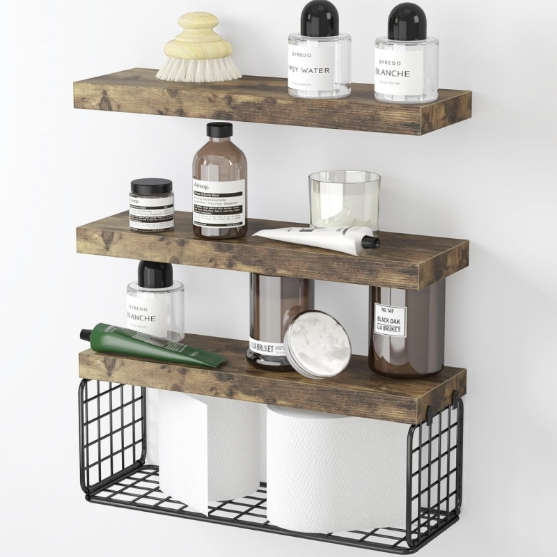 New Fixwal | Bathroom Floating Shelves, 3+1 Tier 15.7in Rustic Wood Wall Shelf Over Toilet with Invisible Brackets