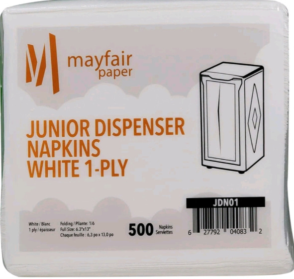 New ( 18 Packs Of 500 ) Mayfair | 1 Ply Junior Dispenser Napkins 1/6 Fold| White | Model #JDN01