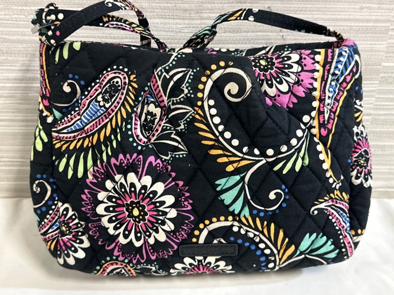 Vera Bradley Frannie Small Crossbody Black Paisley Floral<br/>Small Shoulder Bag, Adjustable Strap 9” x 7”