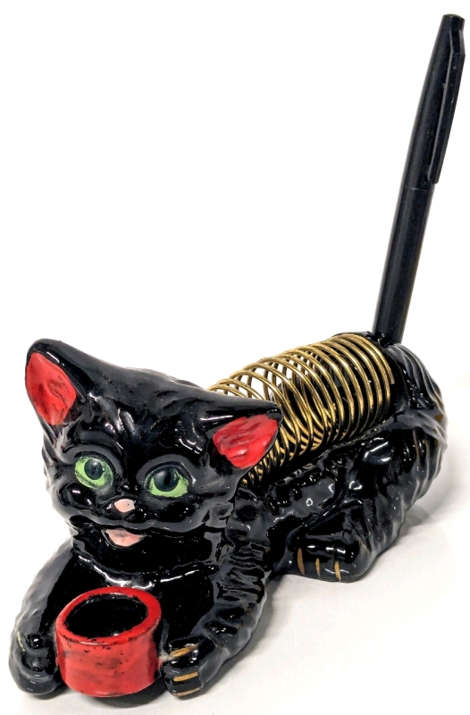 Vintage MCM Mid Century Modern 1950s | Black Redware Pottery Kitty Cat Mail Holder with Hole for Pen | 6" x 2.75" x 3.3" Tall