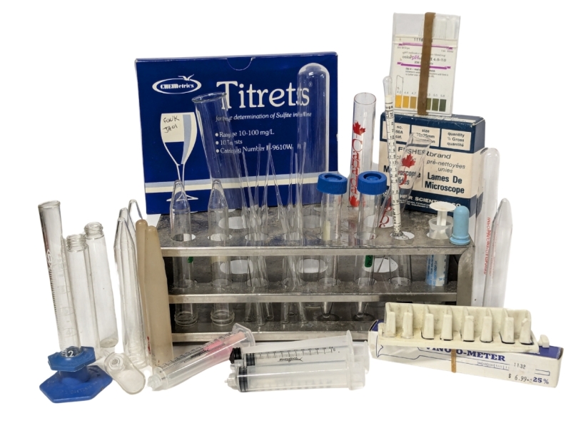 Vintage Wine Making / Lab Equipment including Stand, Glass & Plastic Test Tubes, Bottles, Pipettes, pH and Sulfide Tests, Microscope Slides +