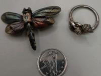 Antique Double Acorn Ring Leather Dragonfly Pin