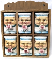 Vintage Royal Sealy Ceramic Happy Chefs "I Am" Spice Shakers & Wood Wall Shelf Display | Made in Japan | Chefs are 3.25" Tall, Display is 7.8" x 1.75" x 9.5" Tall