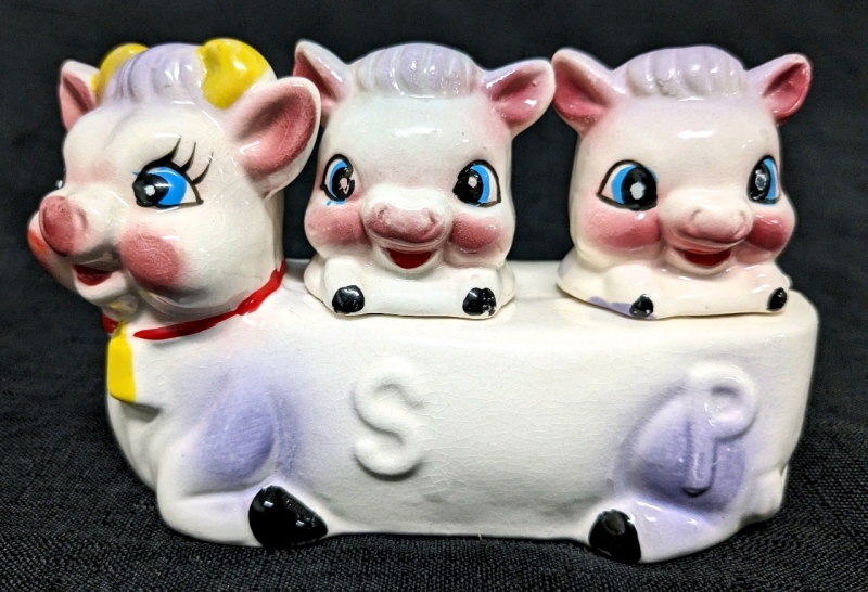 Kitschy Vintage Cow & Calves Salt & Pepper Shakers in Caddy | 3.5" Tall x 5.75" Long