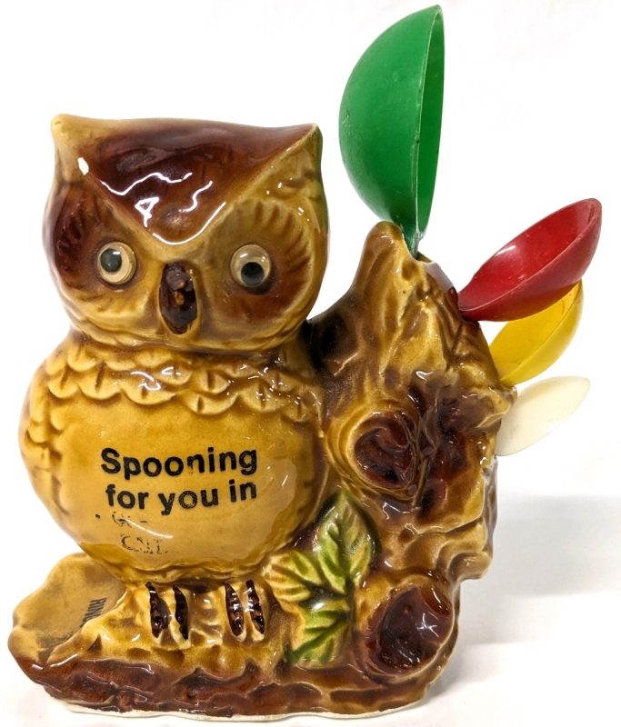 Vintage Souvenir Ceramic "Spooning For You In .." Measuring Spoons & Ring Holder | Made in Japan | 4.25" Tall