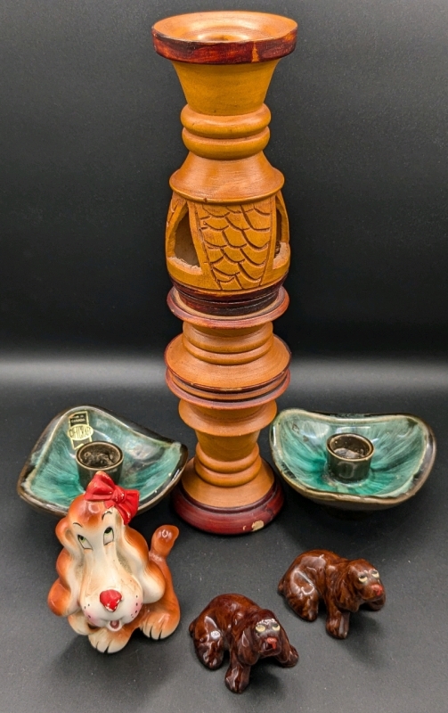 Vintage Giftcraft Ceramic Candle Holders 4.25" x 2" Tall , Adorable 4.75" Porcelain Dog with Bow, 2 Vintage Glazed 1.75" Terracotta Dogs Made in Japan & 13" Tall Wooden Candle Holder