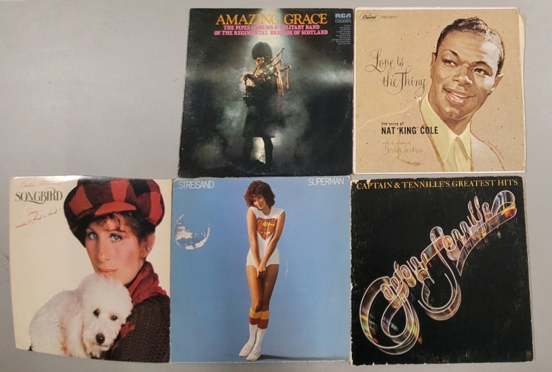 5 Vintage Vinyl Records, Steisand, Nat King Cole, Captain & Tennille, Military Band Of The Scottish Brigade, Scratches Present On All