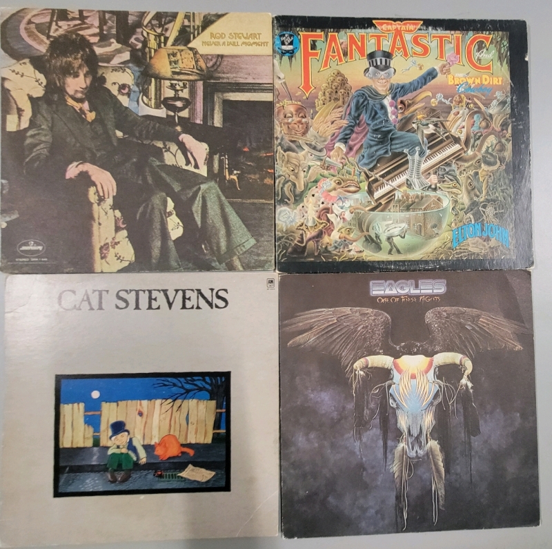 4 Vintage 70's Vinyl Records, Rod Stewart, Elton John, Cat Stevens, Eagles, Scratches Present