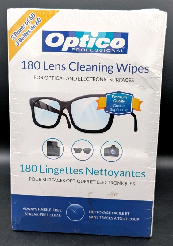 180 New Optico Professional Cleaning Wipes for Optics and Electronics | 3 Packs, 60 Wipes per Pack