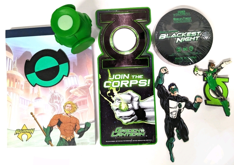 DC Comics & Green Lantern | New Aquaman Note Pad, 6 New Green Lantern: Blackest Knight Coasters, Door Hanger, 3 Magnets & Squishy Foam Stress Relief Lantern