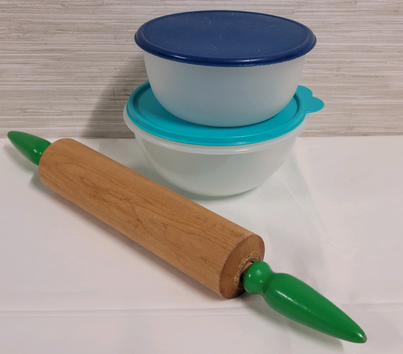 Tupperware and Ikea Containers w/Lids & Wooden Rolling Pin