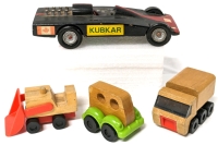 Vintage Official Scouts Canada KUBKAR Handmade Wood Car (7" x 2.5" x 2" Tall) + 3 Vintage Wood Toy Cars & Trucks (1.75" Tall)