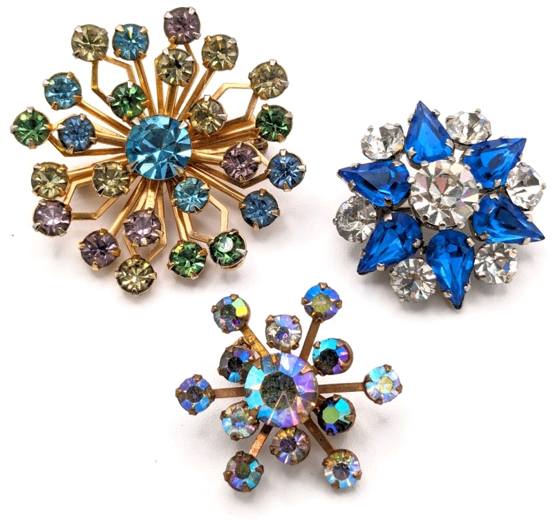 3 Fantastic Round & Snowflake Gold Tone Brooches incl Aurora Borealis & Open-Back Sapphire Blue Rhinestones | 1" - 1.25" Diameter