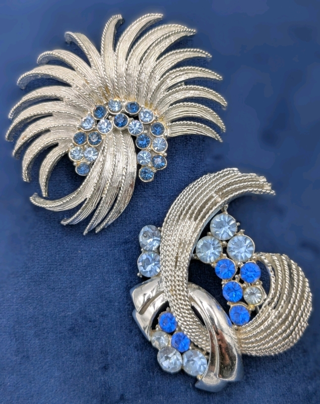 Beautiful Vintage Silver Tone Brooches with Periwinkle and Sapphire Blue Rhinestones | 2.15" - 2.25"