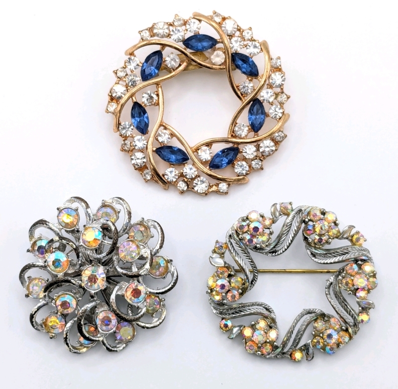 3 Vintage Wreath-Style and Round Brooches with Aurora Borealis, Clear & Sapphire Blue Rhinestones | 1.75" - 2" Diameter