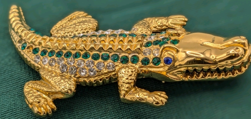 Fun Gold Tone Toothy Alligator (or Crocodile) Brooch with Sapphire Blue, Emerald Green & Clear Rhinestones | 3" Long