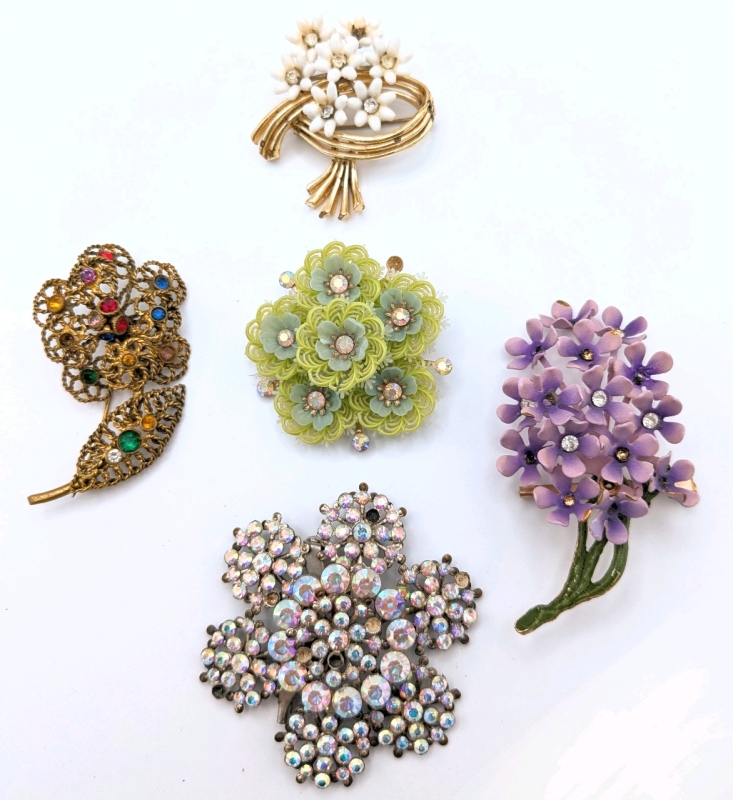 5 Vintage As-is Brooches : Includes Enamel, Aurora Borealis Rhinestones, Filigree + | Largest is 2.5" Across