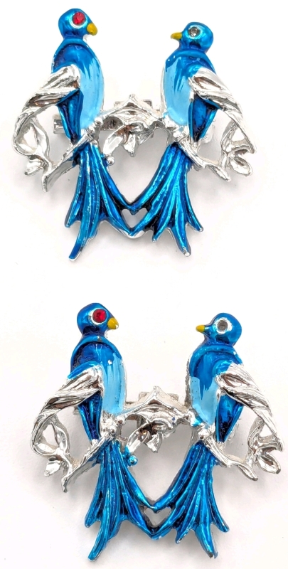 Twin Vintage Silver Tone & Enamel Blue Bird / Lovebird Brooches | 1.25" Wide ea