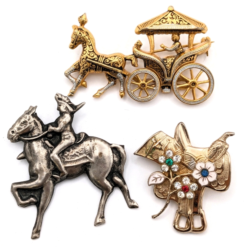 3 Vintage Brooches: Damascene Horse & Carriage, Silver Tone Native American on Horse & Rare Signed CORO Saddle Brooch with Enamel & Rhinestones| 1.5" - 2" Across