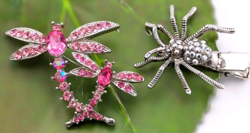 Super Silver Tone : Signed SNK Spider Hair Clip & Dual Pink Rhinestone Dragonfly Brooch | 1.25" - 1.5" Long