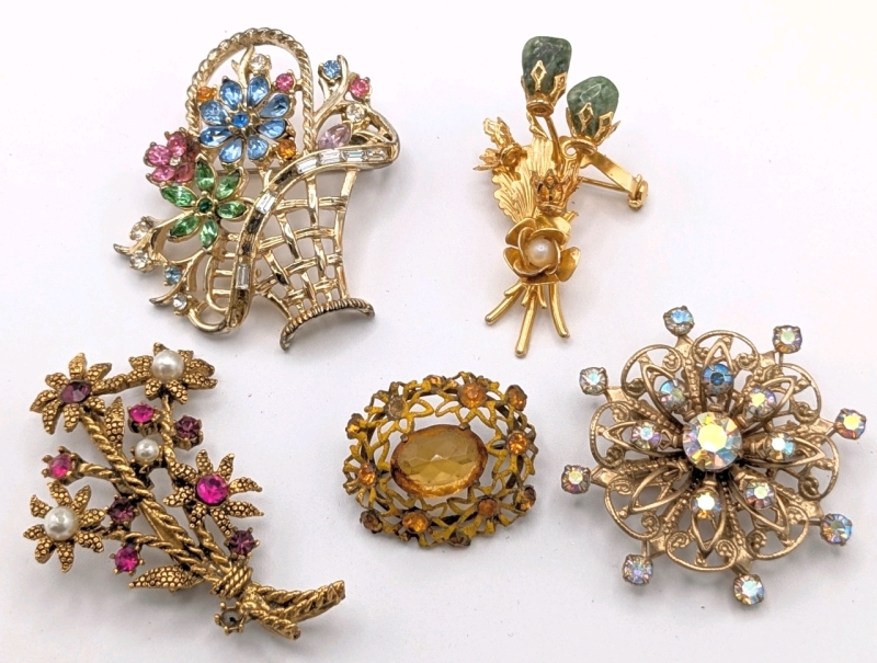 5 Vintage As-is Brooches | Includes Signed CORO, Open-Back Faceted Topaz-Colored Stone, Aurora Borealis, Clear Baguette Rhinestones, Faux Pearls + | Largest is 2" Long