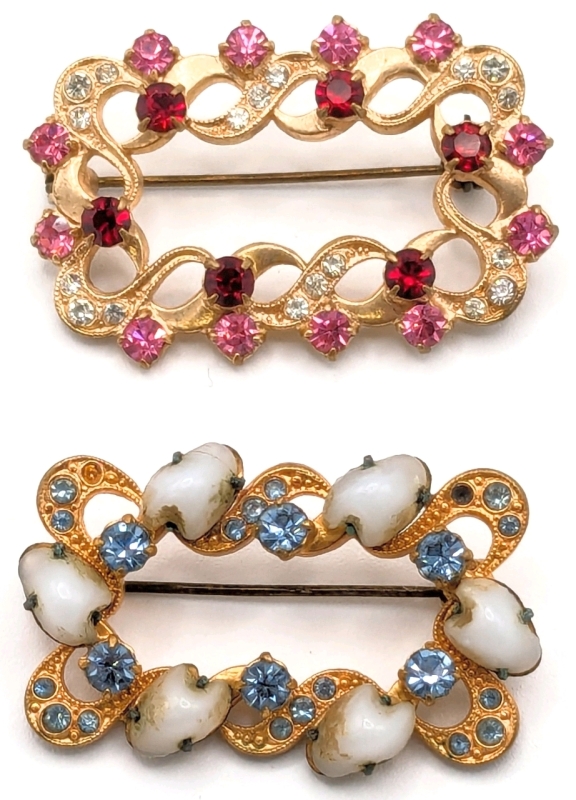 2 Vintage Rectangular Frame-Style Gold Tone Brooches with Red/Pink Rhinestones & Blue/Perrywinkle Rhinestones with Faux Baby Teeth | 1" x 1.4" - 1.5"