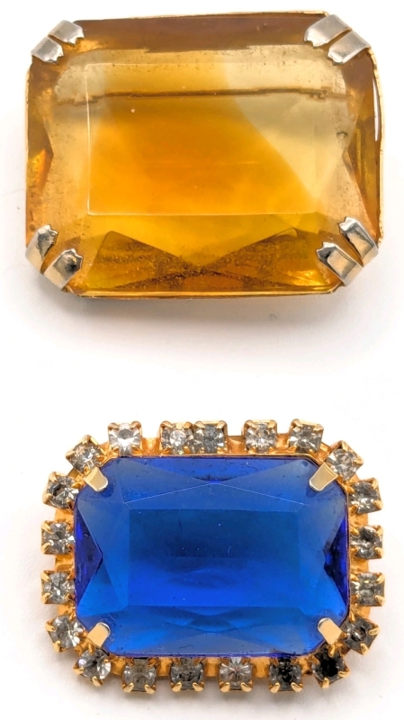 2 Vintage Gold Tone Brooches with Large Faceted Open-Back Faceted Glass Stones | 1" x 1.25" + 2.15" x 1.5"