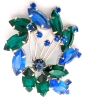 Lovely Silver Tone Brooch with Open-Back Emerald Green and Sapphire Blue Rhinestones | 1.5" x 2"