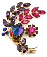 Gorgeous & Vibrant Multicolored Rhinestones & Gold Tone Vintage Brooch | 2.25" x 1.3"