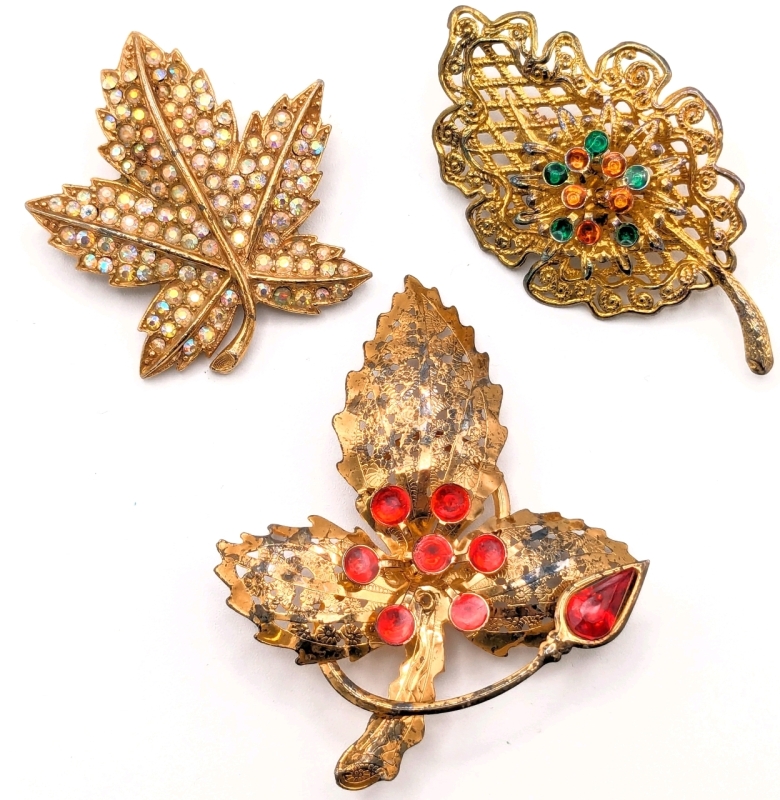 3 Vintage Gold Tone Brooches : Aurora Borealis Rhinestones, Filigree with Green & Orange Stones & Ruby Red Rhinestones | Largest is 2" x 2.5"