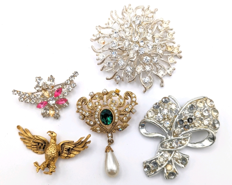 5 Vintage As-is Brooches | Includes Faux Pearl, Emerald Green Glass Stone, Eagle + | Largest is 2.5" Across