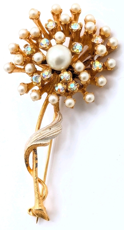 Signed BSK Vintage Gold Tone Flower Brooch with Aurora Borealis Rhinestones, Faux Pearls & Enamel Details | 2.75" Long