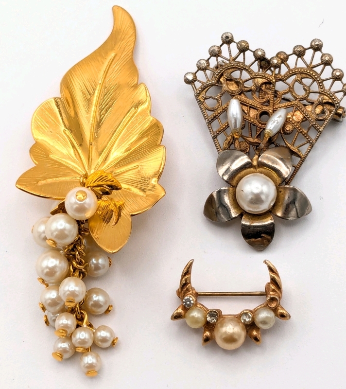 3 Vintage Gold Tone Brooches incl Faux Pearls, Clear Rhinestones | Largest is 1" x 3.15"