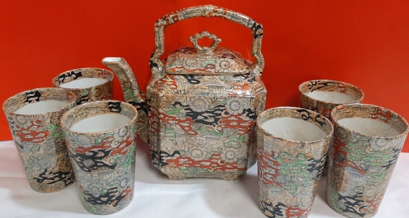 Vintage Ashworth Bros Japanese Inspired Teapot & Cups Teapot 9' Tall with Repair to Spout Some Crazing 6 Cups 4.5" Tall Some Crazing Fleabites One with a Crack