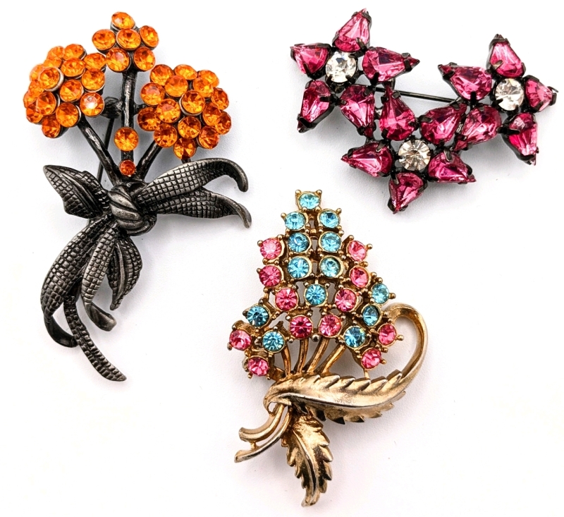 Signed Vintage CORO + 2 Floral Brooches with Brightly Colored Rhinestones: Vintage Pewter Flower Bunch with Orange, Vintage Coro Gold Tone with Pink + Blue & Black with Pink + Clear Stones