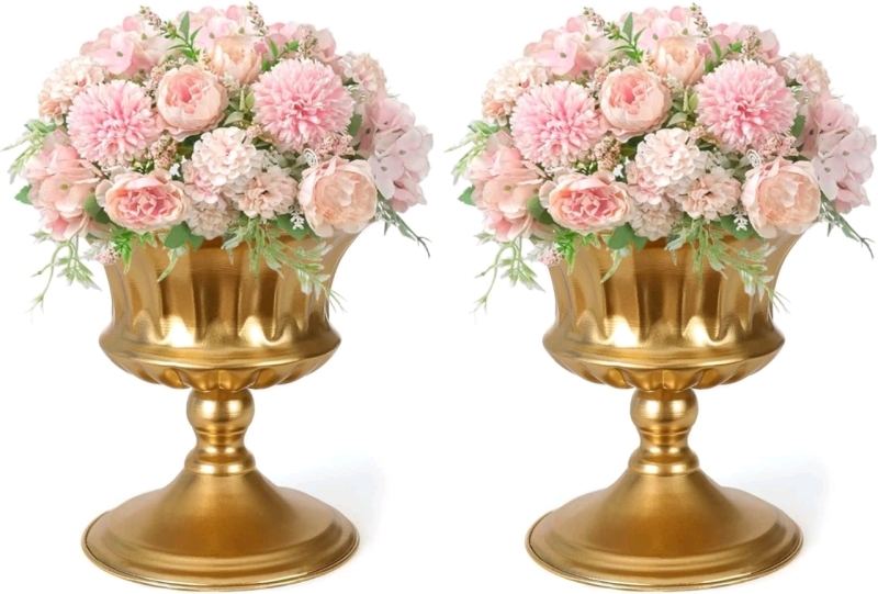 2 New Gold Tone Metal Vases for Wedding Centerpieces / Home Decor | 5.1" x 6.3" | Retails for Over $60!