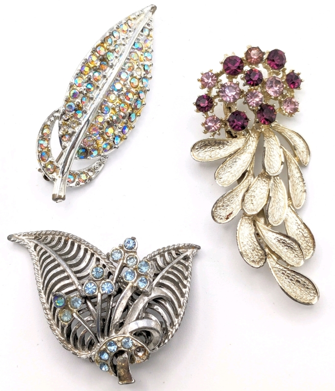 3 Vintage Leafy Silver Tone Brooches with Aurora Borealis, Periwinkle Blue & Pink + Purple Rhinestones | Largest is 1.15" x 3"