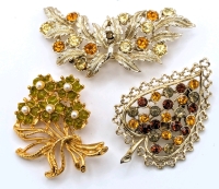 3 Vintage Gold & Silver Tone Brooches with Faux Pearls, Amber Colored & Earth Tone Rhinestones | Largest is 2.75" Long x 1" Wide
