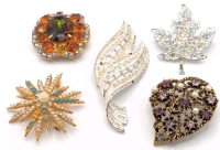 5 Vintage As-is Brooches | Includes Clear Baguette, Open-Back Watermelon Rhinestone, Aurora Borealis + | Largest is 3.15" Long