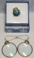 Vintage Signed Avon Mangnifying Glass Pendant & Crystal Beetle Pendant